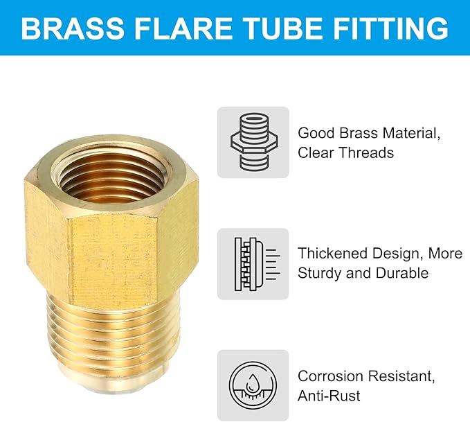 PATIKIL 3/8 Inch Female Flare x 1/2 Inch Male Flare Connectors, SAE 45 Degree Flare Brass Adapter Flare Pipe Fitting for Air Gas Line Refrigeration HVAC