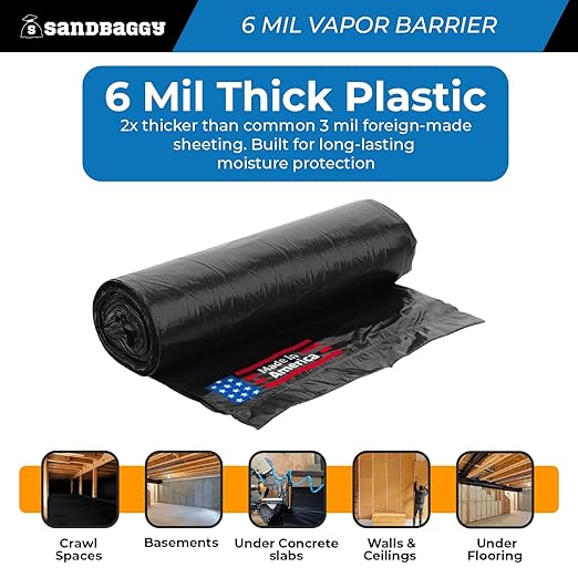 Sandbaggy 40 ft x 100 ft Vapor Barrier 6 Mil | Polyethylene | Black Plastic Sheeting Rolls | Moisture Barrier for Crawl Spaces, Concrete and Laminate Underlayment, Walls (4 Rolls)