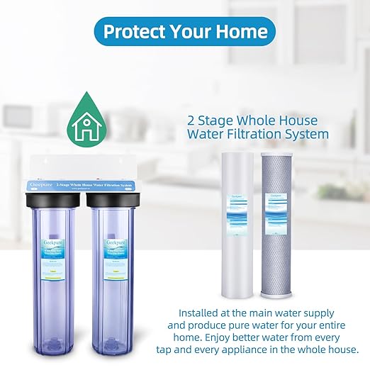 Geekpure 3 Stage Whole House Water Filter System with 20-Inch Clear Housing 4.5" x 20" 5 Micron 1 Inch NPT Brass Port-Pack of 2