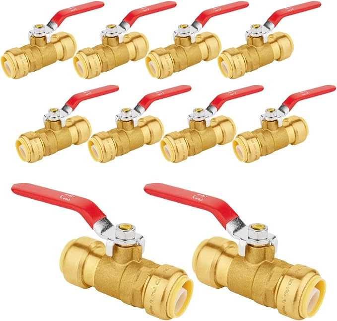 10-PCs HeSun Push Fit Ball Valve, 3/4-Inch Push-to-Connect Full Port Shut-off Valve for Hot and Cold Water,with 2 Disconnect Clips, PEX,Copper,CPVC, Red(PF-VALVE012-10)