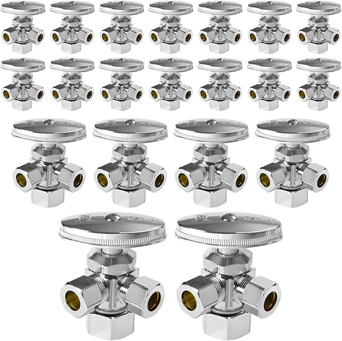 (Pack of 20) EFIELD Dual Compression Outlet Angle Stop Valve, Multi-Turn, 1/2" NOM (5/8" OD x 3/8" x 3/8") Chrome Plated,(VALVE060-20PCS)