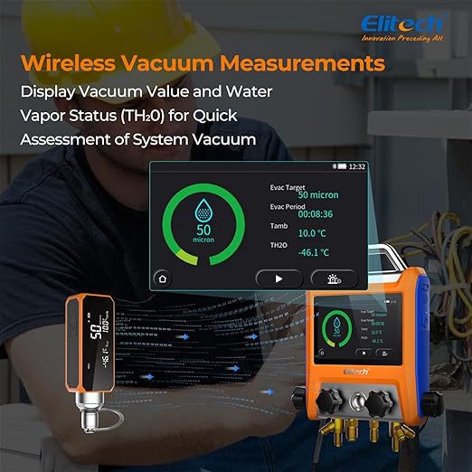 Elitech Digital 4 Valve Manifold Gauge HVAC with Refrigerant Hoses, Vacuum Micron Gauge, Thermometer Clamps, OTA Upgrade, Wireless APP Control
