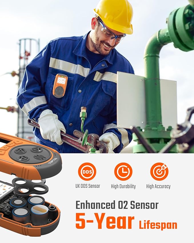 TopTes Guard-863Pro 4 Gas Monitor Multi Gas Detector for H₂S, CO, LEL, and O₂, with TFT Color Screen, Upgraded O₂ Sensor (5-Year Lifespan), USB Data Export, 18h Battery Life, Reliable for Work & Home