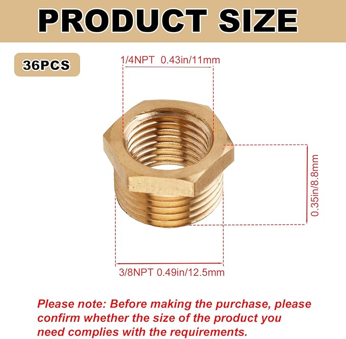 36pcs 1/4 Inch to 1/8 Inch NPT Female Reducer Hex Bushing, Brass Reducer Hex Bushing Heavy Duty Threaded Pipe Fitting Adapter for Plumbing Gas Hydraulic Systems