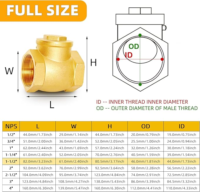 1-1/2" NPT Horizontal Check Valve, Brass Non Return Swing Check Valve to Prevent Water Backflow, Level One Way Counterflow Valve to Prevent the Medium Backflow for Oil Water Gas Air（1-1/2", DN40）