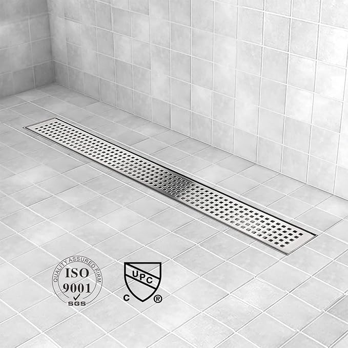 Linear Shower Drain, Shower Drain 24 inch with Removable Grate Cover, Professional AISI 304 Stainless Steel Shower Floor Drain, Linear Drain with Hair Catcher and Leveling Feet