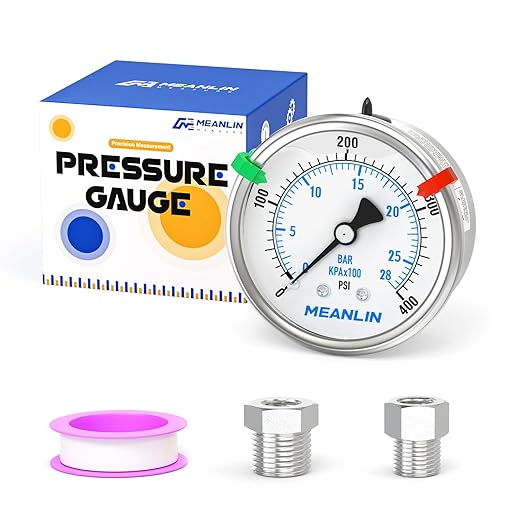 MEANLIN MEASURE 0~400Psi Stainless Steel Liquid Filled Pressure Gauge 2.5" FACE DIAL 1/4" NPT for Air Compressor Air Regulator Water Filter Back Mount with Stainless Steel Hex Bushing and Snaps