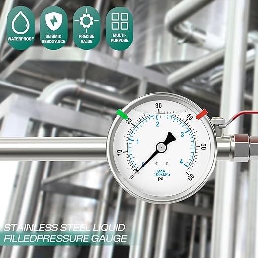 0-60PSI Stainless Steel Liquid Filled Pressure Gauge, 4" Dial Size, 1/4" NPT Back Mount, for Tube, Water Pump, Gas, Liquid, Pressure Test (with Range Mark Pointer)