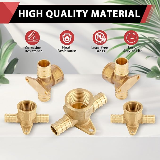 5 Pieces EFIELD 1/2" Pex X 1/2" Pex X 1/2" Female NPT Drop-ear Tee, Barb Crimp Brass Fitting, ASTM F1807,(PEX1807170-5PCS)