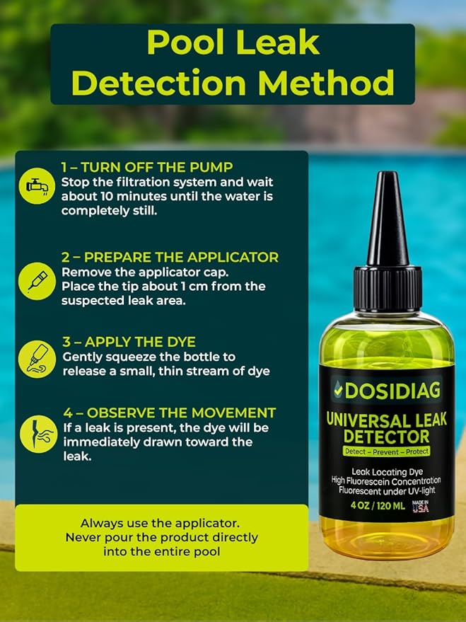 Universal Leak Detector – Tracer Dye for Pool, Spa, Plumbing, Roof, Car – High Visibility – Fast Detection - 100% UV Compatible