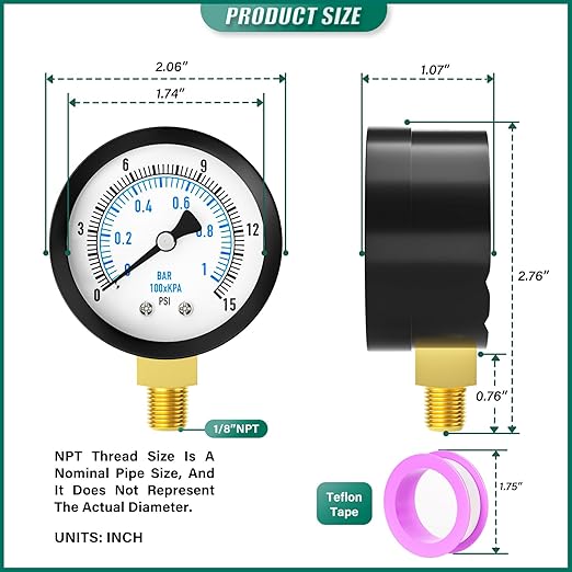 0-15PSI Well Pump Pressure Gauge 2" Dial Size, 1/8" NPT Lower Mount, 3-2-3% Accuracy, for Tube, Water Pump, Gas, Liquid, Pressure Test