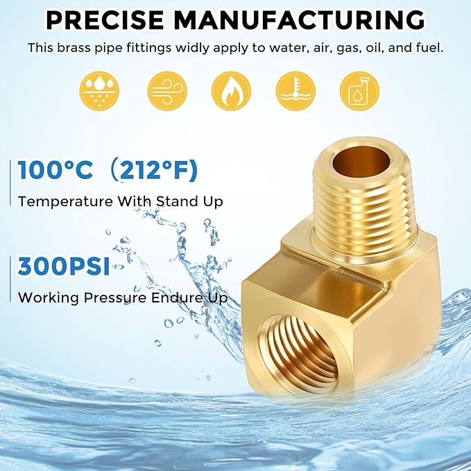 Packs of 2, 90 ° 1/2" FeMale NPT to 1/2" Male NPT Solid Brass Barstock Street Elbow, Forged Pipe Fitting for Pipe Leak Repair, Bathroom Remodeling, Tool Extension, Compression