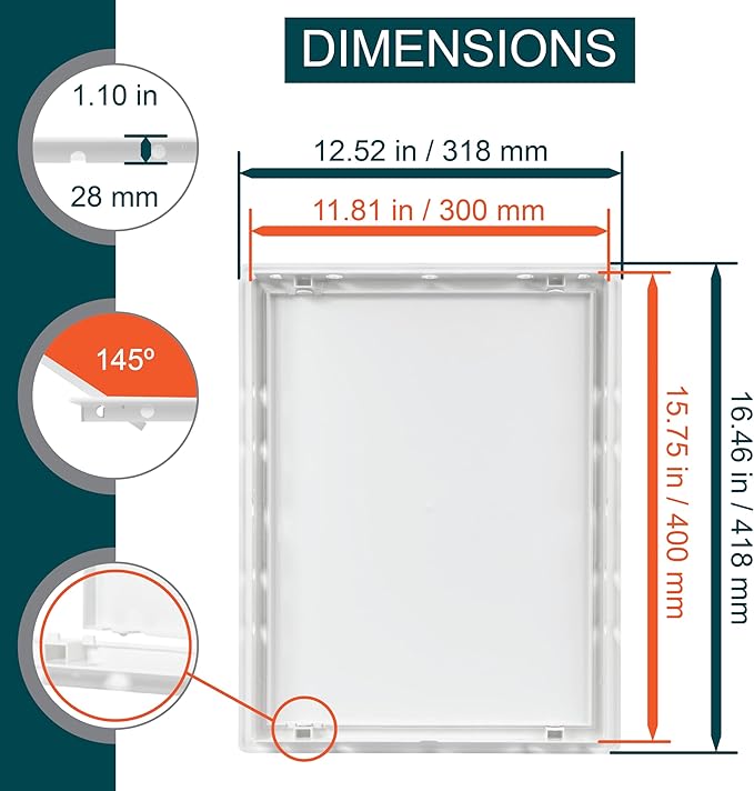 12" x 16" White Plastic Access Panel. Service Shaft Door Panel. Plumbing, Electricity, Heating, Alarm Wall Access Panel for Drywall. Bathroom Services Access Hole Cover. (12" x 16")
