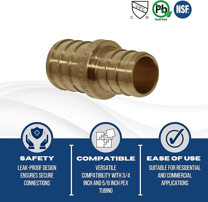 XFITTING 5 Pcs PEX Coupling, 3/4 Inch x 5/8 Inch, Brass, Coupling, 0.75" x 0.625" (Inner Diameter)