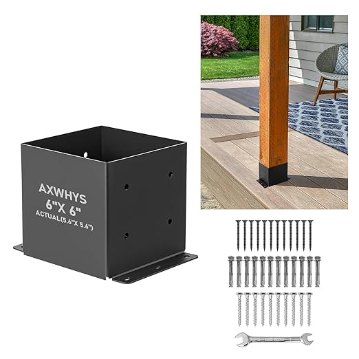 4 Pcs Post Base,Post Brackets(Actual 5.6"x 5.6"), Heavy Duty Black Metal Powder-Coated Thick Steel Post Anchor Outdoor for Support Deck Base Plate, Fence Kit,Mialbox Post Mount