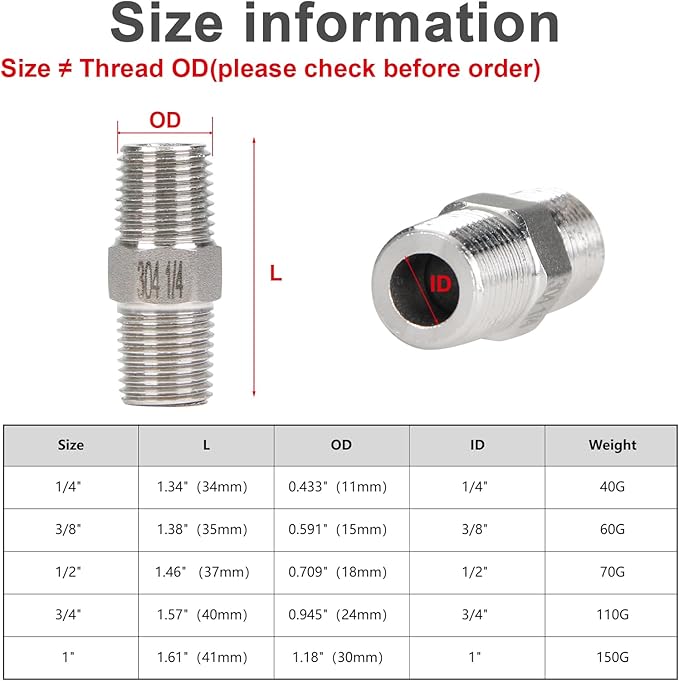 2Pcs 1/4" Male Hex Nipple Pipe Fittings, 304 Stainless Steel Threaded Adapter Fittings, 1/4-inch Male Equal Nipples Connectors, Male Straight Threaded Pipe Fitting