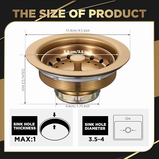 LEIFIDE 2 Pcs Champagne Brown Kitchen Sink Drain - Fit 3.5 Inch Standard Sink 304 Stainless Steel Brushed Brass Drain Strainer Basket with Knob Rubber Stopper Bottom