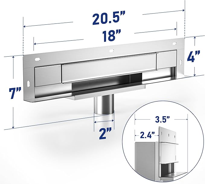 Linear Wall Drain 18’’, 304 Stainless Steel Side Drain w/Tiled Grate & Hair Strainer, Brushed Tiled Shower Drain for Bathroom, CUPC Certified
