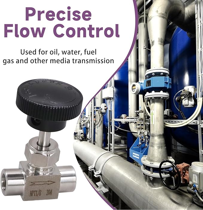 Needle Valve 1/8 NPT Gas Flow Control Valve Stainless Steel Female Thread for Water/Oil, 1PC