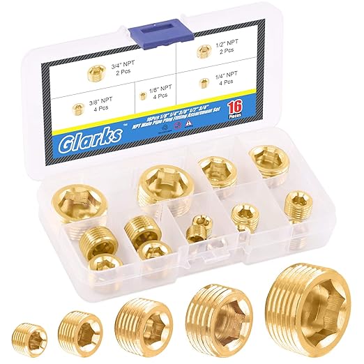 Glarks 16Pcs Brass 1/8'' 1/4'' 3/8'' 1/2'' 3/4'' NPT Male Pipe Plug Fitting Set Internal Hex Thread Socket Pipe Plug Assortment Kit