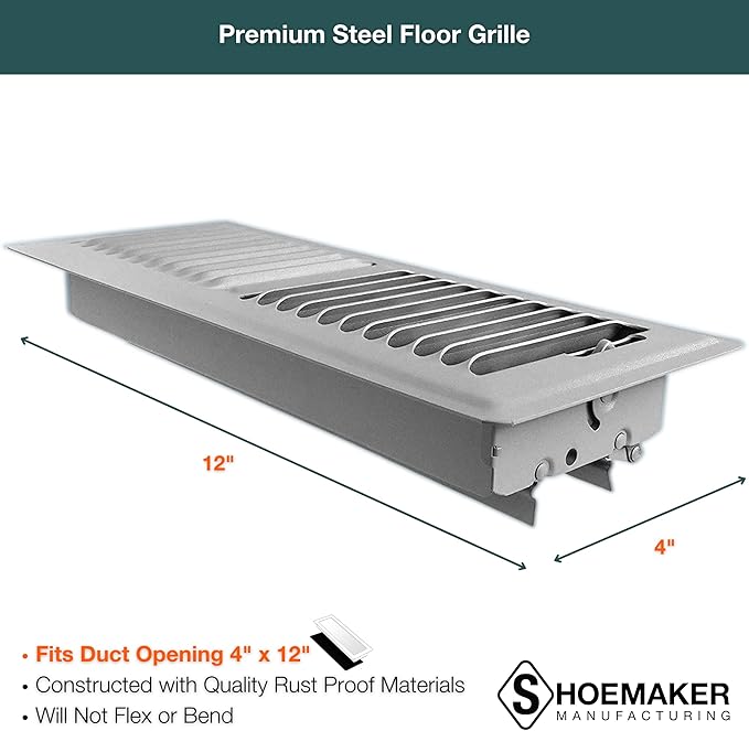 Shoemaker 4x12 Floor Register – Cement Gray Heavy Duty Metal Floor Vent Cover for Home Floors - Premium Forced Air Vent Covers