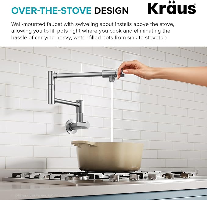 KRAUS Oletto Pot Filler Faucet with Retractable Arm, Wall Mount Kitchen Faucet, Pot Filler for Stove in Spot-Free Brushed Brass, KPF-5001SFS
