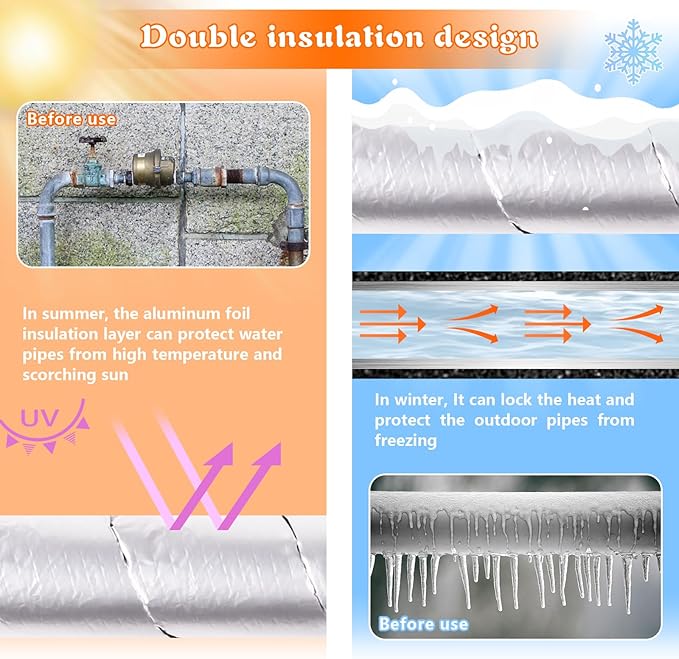 Pipe Insulation Wrap 2" Wide X 32.8 Ft Outdoor Foam And Foil Pipe Wrap Insulation Tape Self Adhesive for Winter Freeze Protection Insulation Wrap for Cold Hot Water Pipes for Reduce Heat Loss (1 Roll)