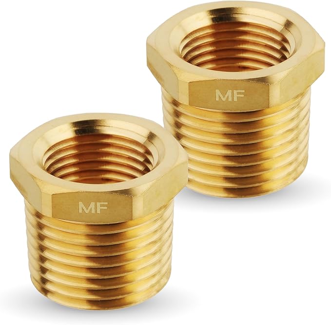 MAACFLOW brass 1/2" Male NPT to 3/8" Female NPT Adapter Reducer Hex Bushing (Thread OD 0.81" - ID 0.58") (pack of 2)
