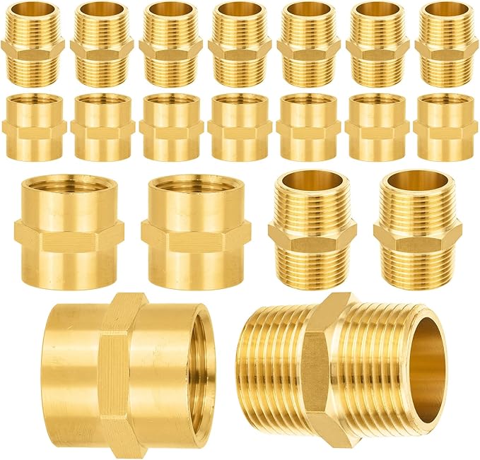 20-PCs HeSun Brass Pipe Fittings Combo, 10-PCs 3/4" NPT Male + 10-PCs 3/4" NPT Female Hex Nipple Adapter