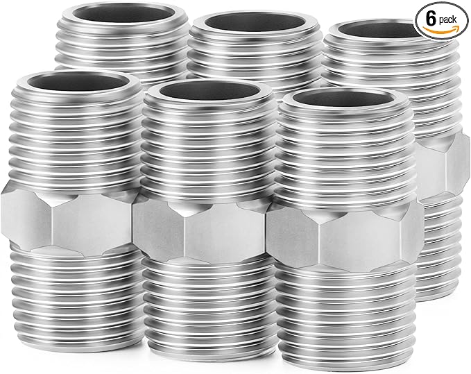 ChillWaves 304 Stainless Steel Pipe Fitting, Hex Nipple 1/4" NPT Male x 1/4" NPT Male Thread Adapter(6-PACK)