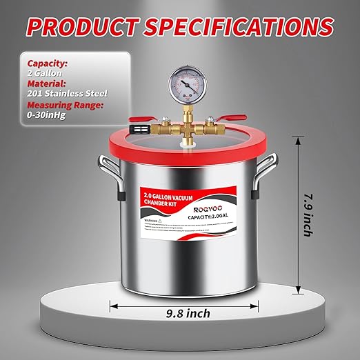 2 Gallon Vacuum Chamber, 201 Stainless Steel Degassing Chamber with Acrylic Lid and 4.9 ft Hose, for Resin, Silicone, Epoxy, Plaster Degassing and Wood Stabilization Projects