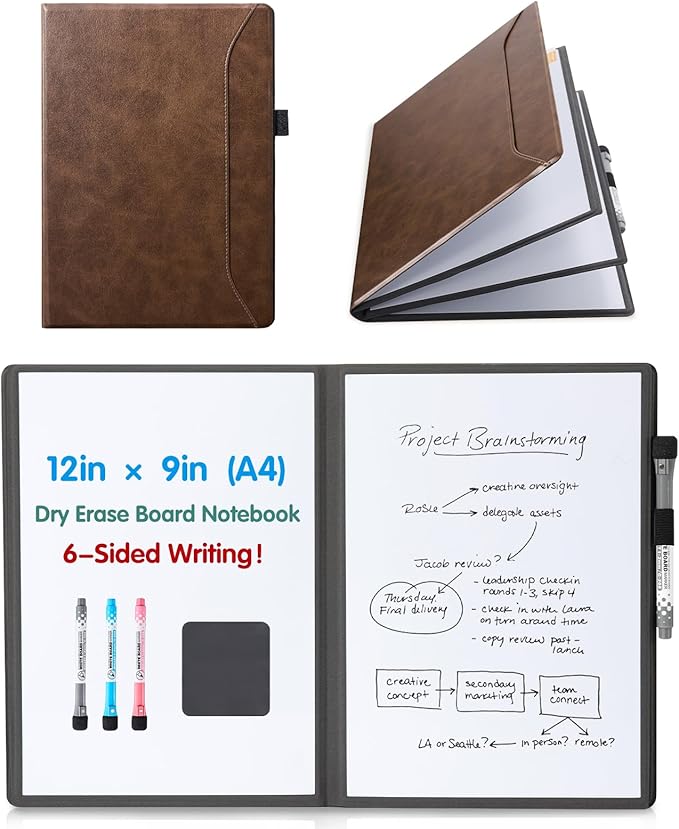 CoBak 6 Sides Portable White Board 12x9 inch (A4) - Notebook Design Dry Erase Small Board with Pocket and 3 Markers, Anti-Ghosting Surface for Office, School, Homeschool with Gift Box (Brown)