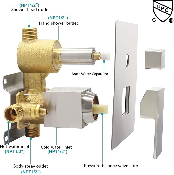Brushed Nickel 3 Way Outlet Shower Diverter Valve - Flow Control Mixer Mixing Rough-In Shower Valve Modern Concealed