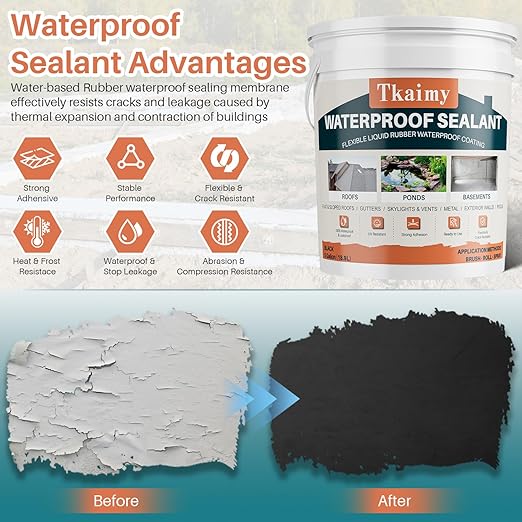 Waterproof Sealant 5 Gallon, Black Rubber Coating for Repairing Roofs Leaks, Warehouses, Foundations, Basements, Liquid Water Proof Sealant Coating