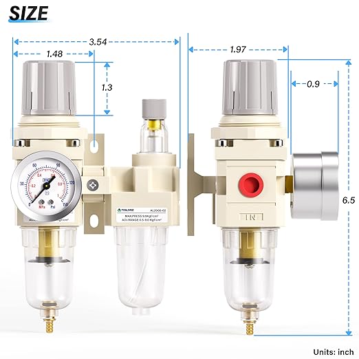 TAILONZ PNEUMATIC 1/4 Inch NPT Air Filter Pressure Regulator Water/Oil Trap Separator Combo(0-145PSI),Air Tool Compressor Filter with Gauge AC2010-02(Manual Drainage)