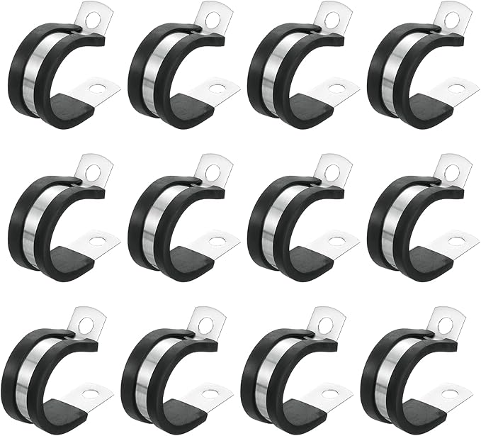 uxcell 1"(24mm) Cable Clamp, 304 Stainless Steel Rubber Cushioned Insulated R Shape Metal Clamp Tube Holder for Pipe Hose Wire Cord Installation 12Pcs