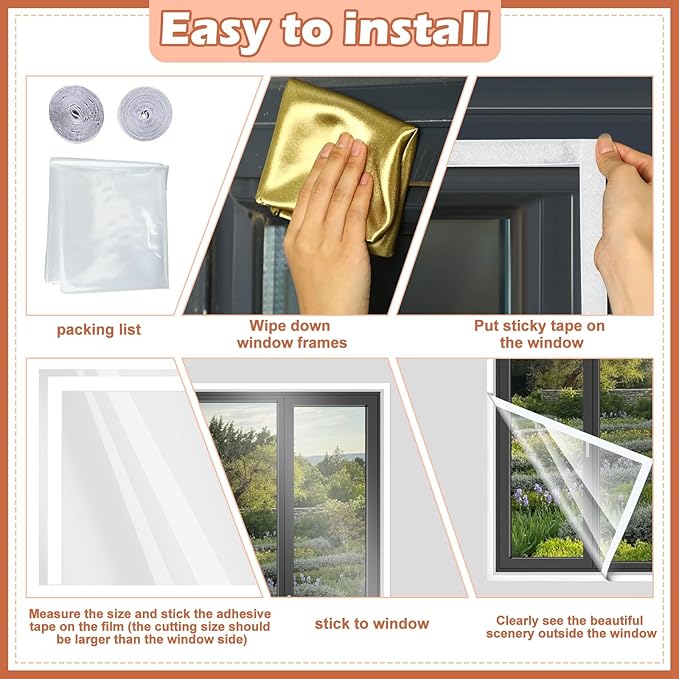 63 x 63 Inch Window Insulation Kit Cuttable Transparent Film with Adhesive Straps Reusable Window Plastic for Winterizing Thicken Thermal Waterproof Attic Insulation Cover Warm Winter