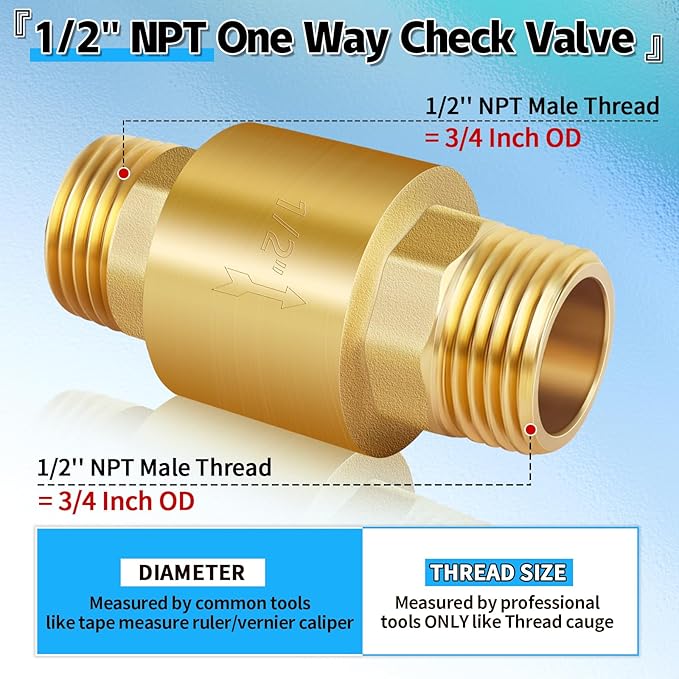 Boltigen 2Pcs 1/2in NPT Spring Check Valve, Brass Non Return One Way Check Valve, Vertical Inline Water Backflow Preventer for Well, Pump, Tank (1/2" Male x 1/2" Male(DN15))