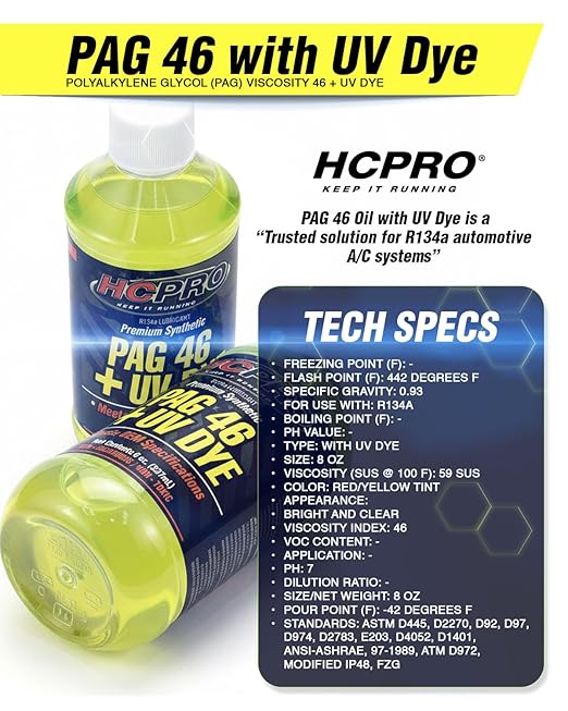 HCPRO PAG 46 UV Dye A/C Compressor Oil – High-Viscosity Leak Detection Lubricant for Auto A/C Systems, Professional-Grade PAG 46 Lubricant for Compressor Protection & System Maintenance (6)