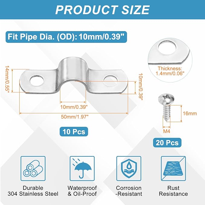 uxcell 10Pcs 10mm(3/8") Two Hole Rigid Pipe Strap, 304 Stainless Steel Conduit Clamp Thicken U Bracket Heavy Duty Pipe Clamp with Self-Tapping Screws for Fixing Tube Cable, Silver