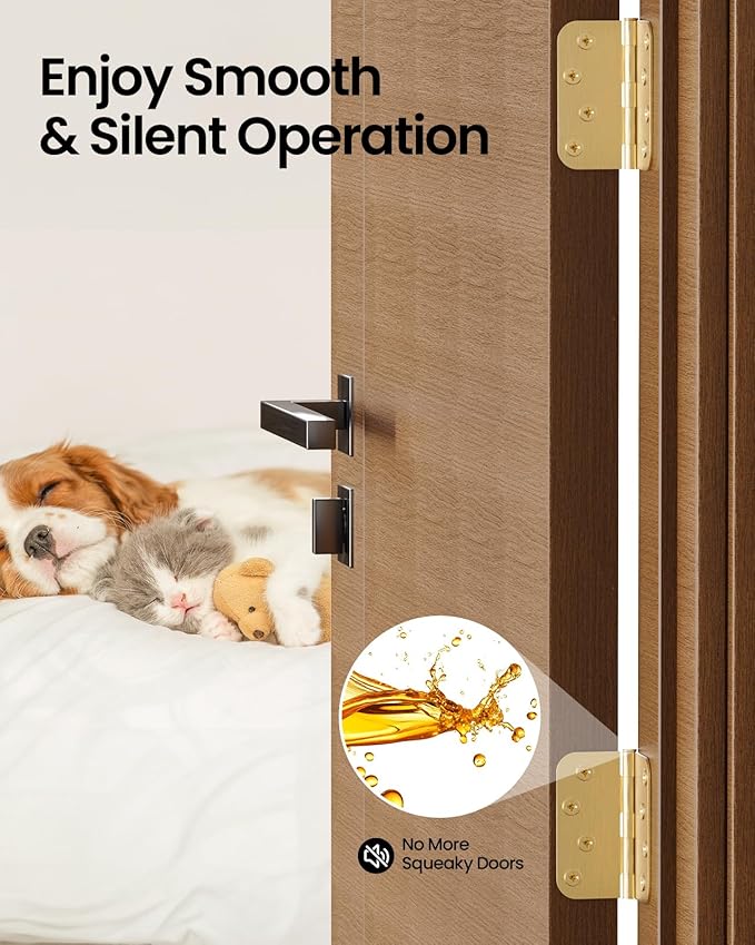 4" X 4" Satin Brass Door Hinges – 6 Pack Gold Door Hinges with 5/8" Radius, Rounded Interior Heavy Duty 4 Inch Exterior & Front Door Hinge for Residential Use