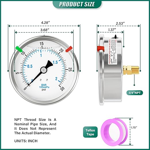 0-30PSI Stainless Steel Liquid Filled Pressure Gauge, 4" Dial Size, 1/4" NPT Back Mount, for Tube, Water Pump, Gas, Liquid, Pressure Test (with Range Mark Pointer)