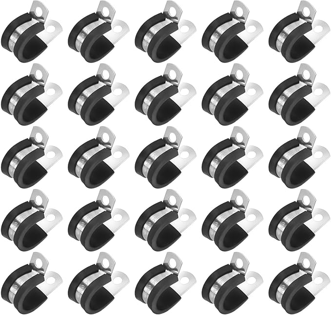 25-Pack Cable Clamps, 5/8 inch/ 16 mm 304 Stainless Steel Rubber Cushioned Insulated Cable Clamp R Shape Metal Holder for Tube/Wire/Pipe/Loop Installation