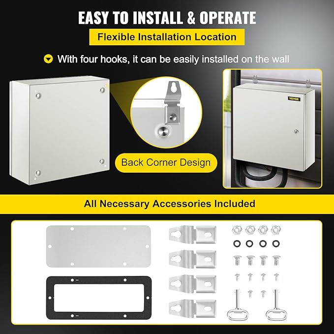 VEVOR NEMA Steel Enclosure, 20 x 20 x 6'' NEMA 4X Steel Electrical Box, IP66 Waterproof & Dustproof, Outdoor/Indoor Electrical Junction Box, with Mounting Plate