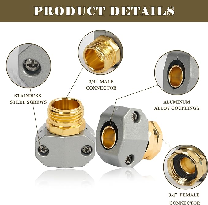 Garden Hose Repair Kit, 3 Sets Aluminum Alloy Garden Hose End Mender Kit, Male and Female Garden Water Hose Repair Connector Fittings, Fit 5/8" and 3/4" Garden Hose Connector