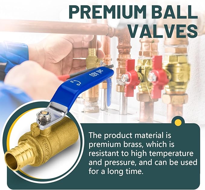 5 Pack Ball Valves, 3/4 Inch Pex B X 3/4 Inch Sweat Blue Shut Off Valve, No Lead Brass Full Port Pex Crimp Shut Off Ball Valve for Hot and Cold Water, ASTM F1807, NSF/ANSI 61 Certified