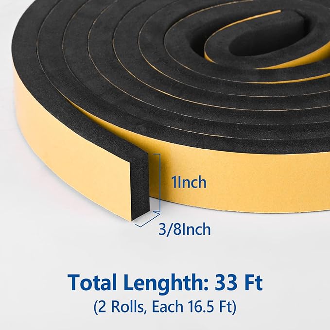 Kikerike Self Adhesive Foam Tape Weatherstrip 1in x 3/8in x 33Ft High Density Foam Insulation Strips Foam Seal Weather Stripping with Strong Adhesive for Door and Window Sound Isolation Soundproofing