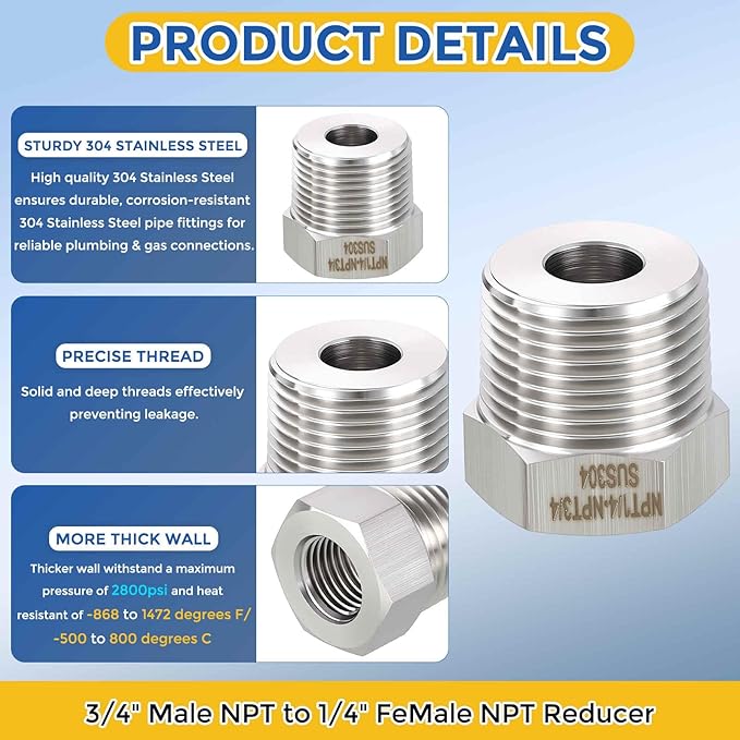 2 Pack 304 Stainless Steel Pipe Fittings, 3/4" MNPT to 1/4" FNPT Hex Bushing Reducer, Hose Tube Threaded Adapters for Air, Oil, LP, Gas