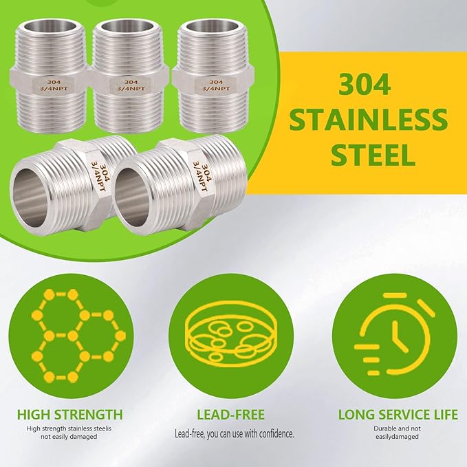 4PCS Hex Nipple 3/4" Male x 3/4" Male Pipe Fittings, 304 Stainless Steel 3/4 inch NPT Male Threaded Pipe Adapter Fittings, Male Straight Connector Pipe Fitting