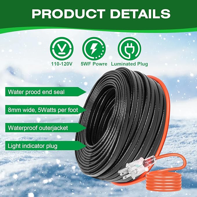 80FT Heat Tape for Water Pipes，-40°F Anti-Freeze De-Icing Heating Tape, Pipe Insulation Heating Cable for Insulation/Roof Snow Removal, Gutter Heating Cable, Heated Water Hose 120V 5W/ft